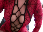 Chloe James in red spider suit gives a hot lapdance