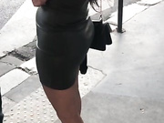 Candid: Following her gf in sexy leather dress