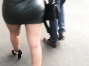 Candid: Following her gf in sexy leather dress